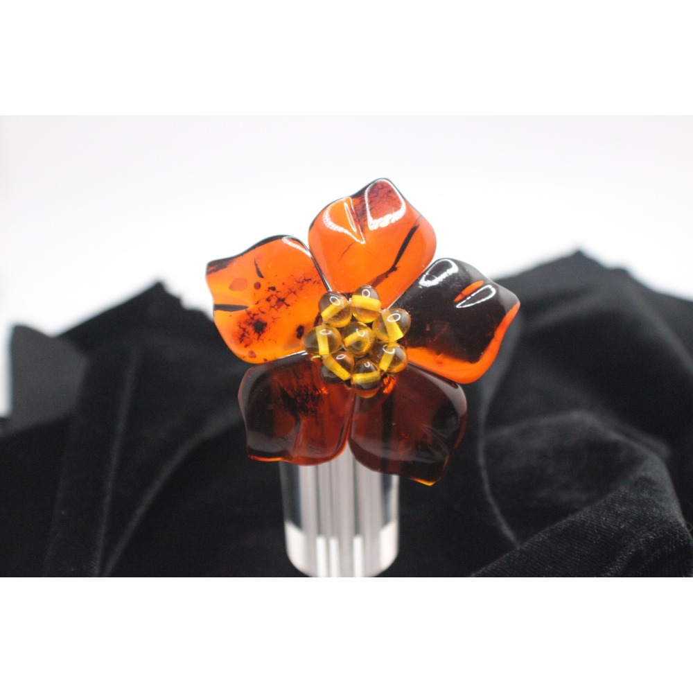Handcrafted Baltic Amber Flower Brooch 2" Cognac Honey Inclusions Statement Pin